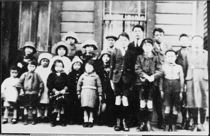 Copy negative of Chinese Sunday School children outside the Chinese Mission Church in Frederick Street, Wellington