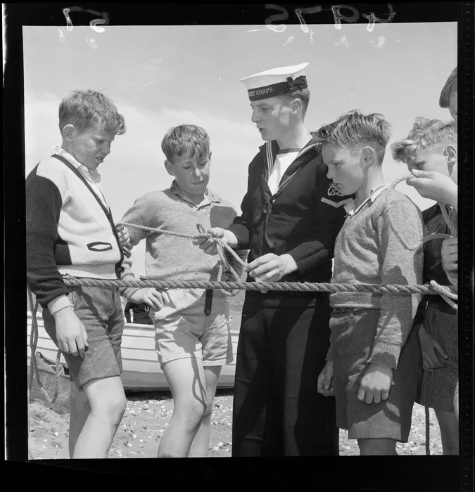 Seascouts learning rope knots, Petone, Wellington