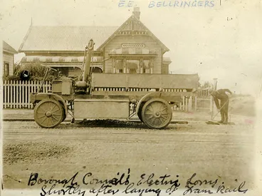 "Borough Council's electric lorry soon after laying of tram rails" Image: "Borough Council's electric lorry soon after laying of tram rails"