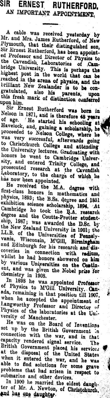 Image: SIR ERNEST RUTHERFORD. (Taranaki Daily News 15-4-1919)