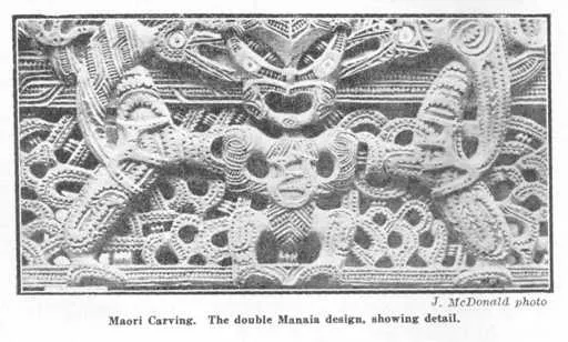 Maori Carving. The double Manaia design, showing detail. — J. McDonald photo