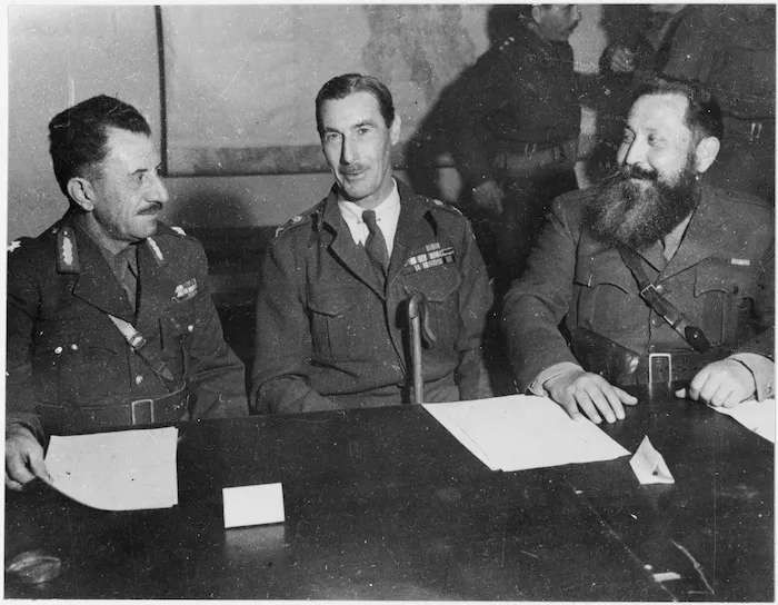 Greek Generals Stephanos Saraphis, left, and Napoleon Zervas meet with Lieutenant General Ronald Scobie in Athens