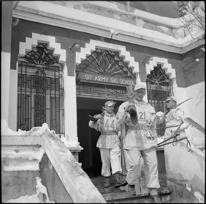 New Zealanders at 9 Army Ski School leave barracks for morning parade, Lebanon - Photograph taken by M D Elias