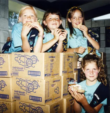 Image: Girl Guide biscuits; annual sale imminent; Pencarrow Guides Sarah Alabaster, Emily Reid, Kate King, Emily Schrijvers.