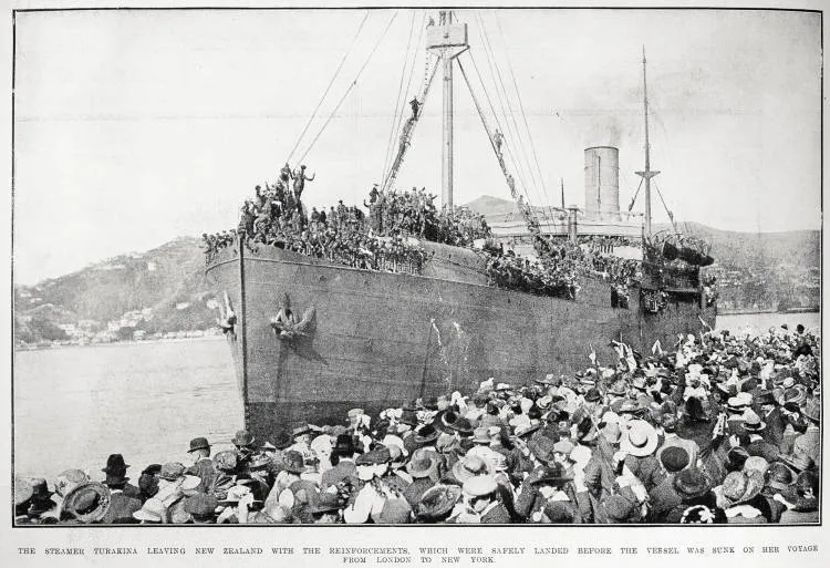 The steamer Turakina leaving New Zealand with the reinforcements which were safely landed before the vessel was on her voyage from London to New York