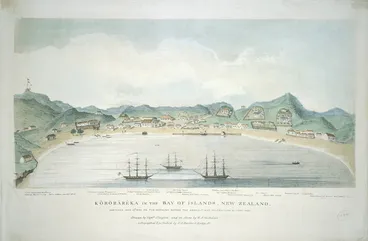 Image: Clayton, George Thomas fl 1845 :Kororareka in the Bay of Islands, New Zealand. Sketched Mar 10th 1845 on the morning before the assault and destruction by Honi Heke. Drawn by Captain Clayton, and on stone by W. A. Nicholas. London, E. D. Barlow [1845?]
