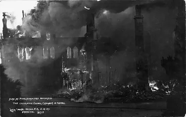 Image: Legislative Council Chamber of Parliament Buildings on fire in 1907, Wellington