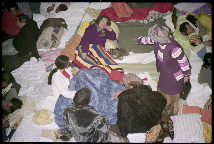 Kuia preparing to sleep in Te Rau o Te Aroha Māori Battalion Hall, Palmerston North