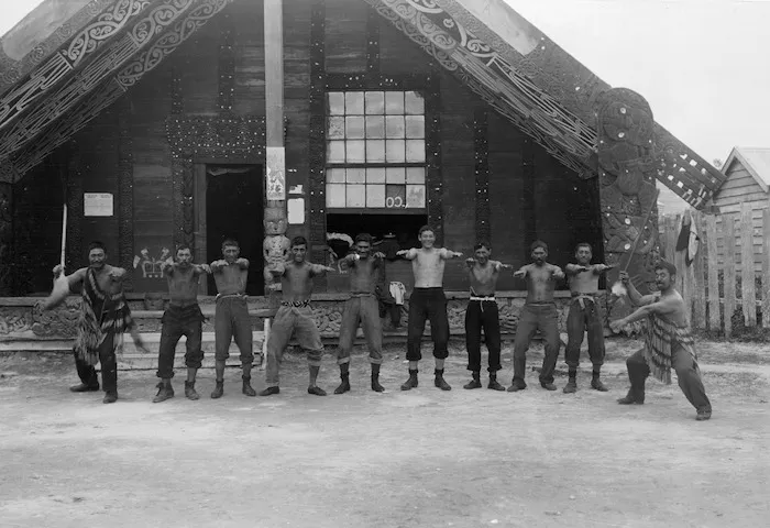 Haka being performed outside Tamatekapua Meeting House, Tamatekapua Marae, Ohinemutu, Rotorua