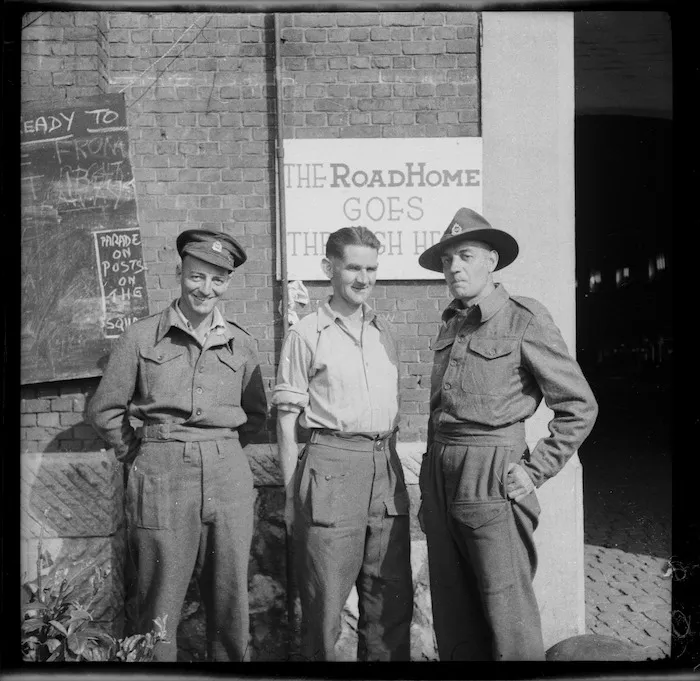 New Zealand ex-prisoners of war outside Brussels transit centre - Photograph taken by Lee Hill
