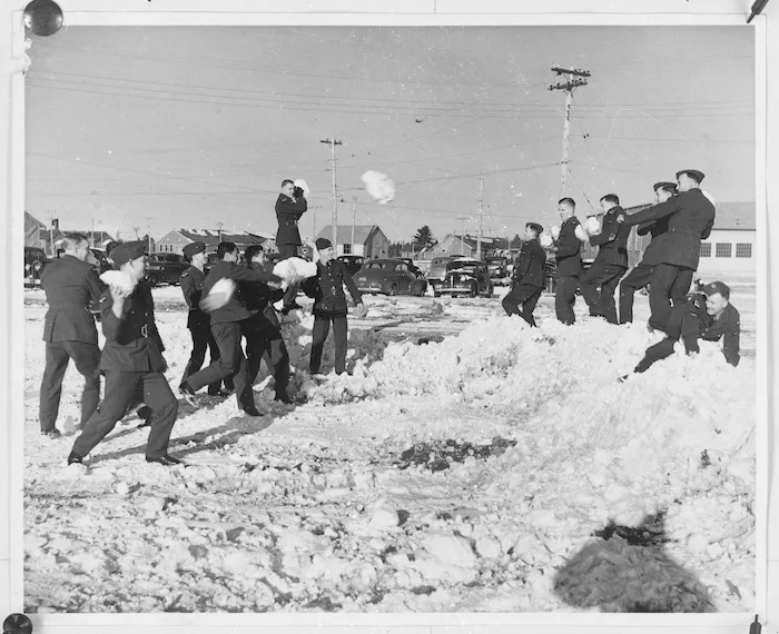 World War II New Zealand members of the Royal Air Force having a snowball fight, possibly in Canada