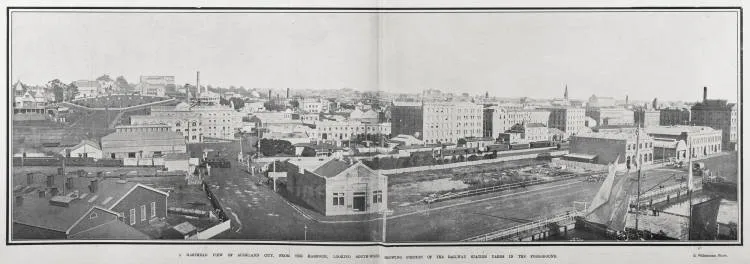 A MASTHEAD VIEW OF AUCKLAND CITY, FROM THE HARBOUR, LOOKING SOUTH-WEST, SHOWING PORTION OF THE RAILWAY STATION YARDS IN THE FOREGROUND
