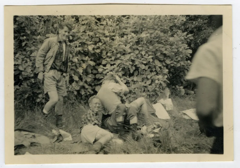 "Graham Miller demonstrates how to start a brawl," The 1950 Tramp back to the Orongorongo Valley, Presbyterian Harrier Club - Wellington