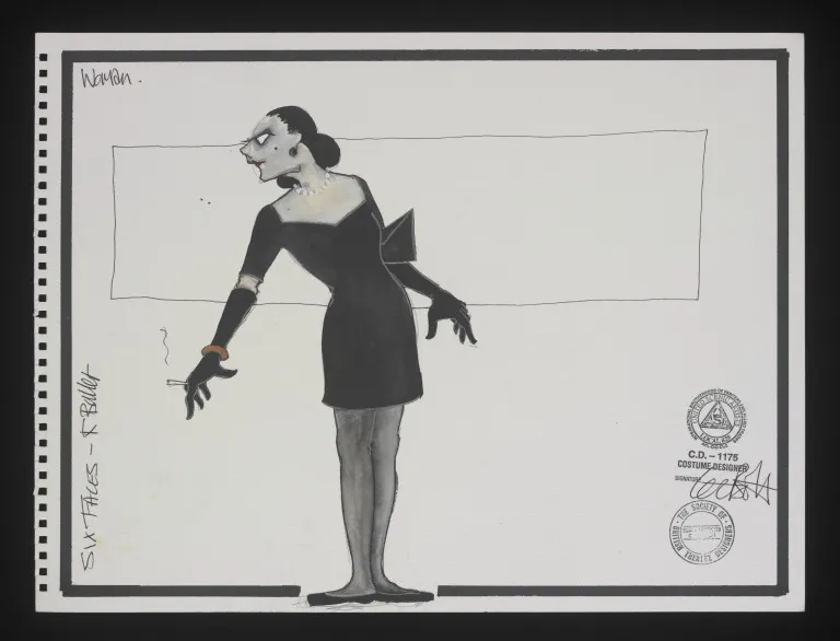 Costume design - Costume design for 'Woman'.  The design depicts a full length female figure wearing a short length black dress. The figure is also wearing black gloves and a pearl necklace and is holding a cigarette in her right hand. Unsigned by the artist.