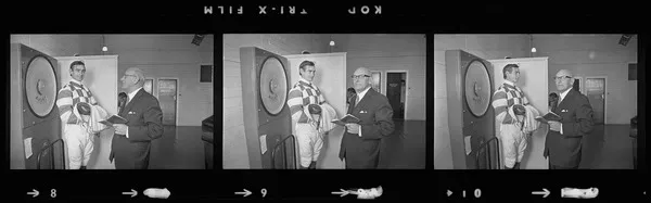 Clerk of the scales Les Woodward and jockey Max Skelton