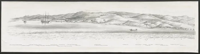 Nattrass, Luke 1803?-1875 :City of Wellington, New Zealand. 1841. [W. Richardson lithographer from a sketch by L. Nattrass. 2nd edition]. Wellington, McKee & Gamble [ca 1890. Section one, left-hand side]