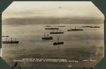 Image: The departure of the New Zealand Expeditionary Force troopships and their escort in Wellington Harbour, 15 October 1914.