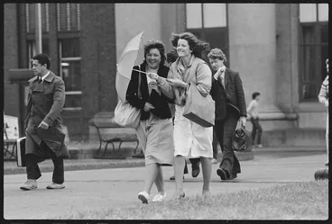 Image: Two women shielding themselves from north-westerly wind with an umbrella, Wellington - Photograph taken by Ian Mackley