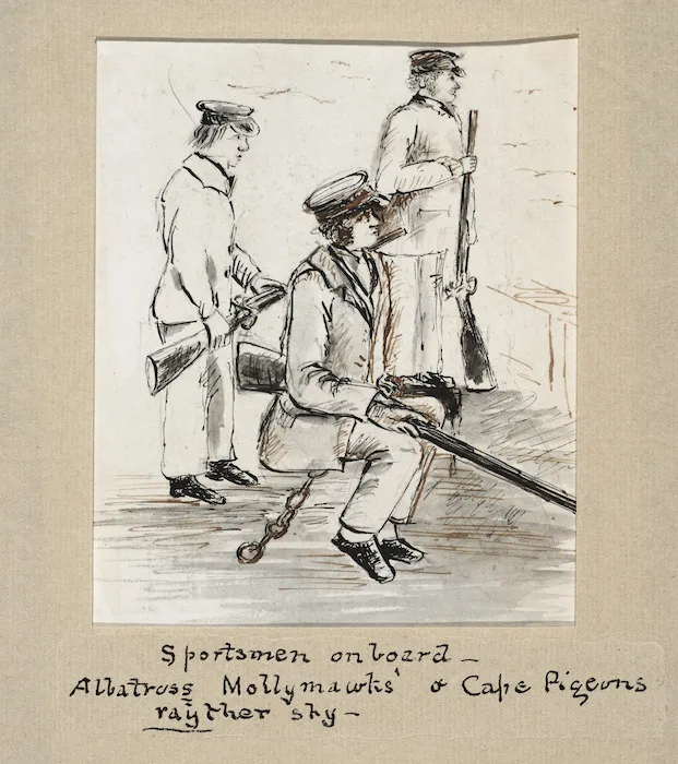 Pearse, John, 1808-1882 :Life on board the Duke of Portland. 1851. Sportsmen on board. Albatross, mollymawks and cape pigeons, rayther shy.