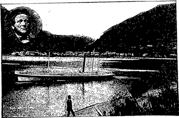 Image: The small steamer in the foreground is the Victoria, which was brought from Melbourne in 1857 by Captain David Curie, and which now plies on Lake Wakatipu, the town in the background being Queenstown. Captain Curie's bust is shown in tha corner of the picture. (Otago Witness, 31 March 1898)
