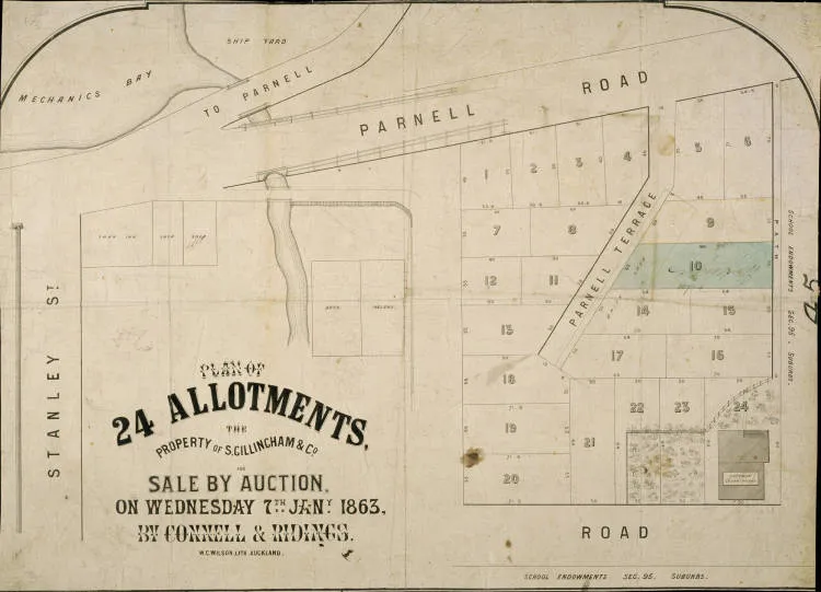 Plan of allotments, the property of S. Gillingham & Co. for sale by auction, on Wednesday 7th Jan, 1863 by Connell & Ridings.