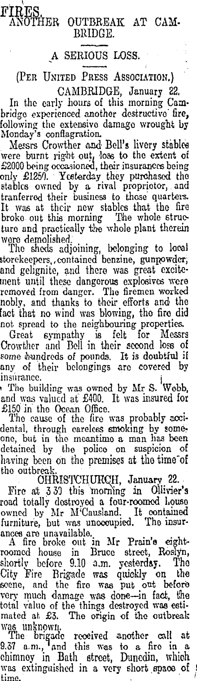 FIRES. (Otago Daily Times 23-1-1913)