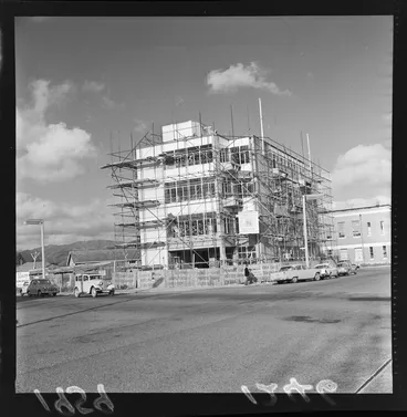 Image: North Island Motor Union Insurance Company (NIMU) Building under construction, Lower Hutt, Wellington Region, including scaffolding