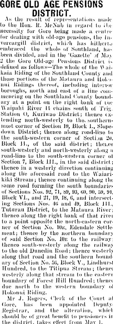 Image: GORE OLD AGE PENSIONS DISTRICT. (Mataura Ensign 9-5-1907)