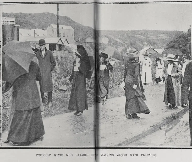 Strikers' Wives Who Parades Outside the Waikino Works With Placards