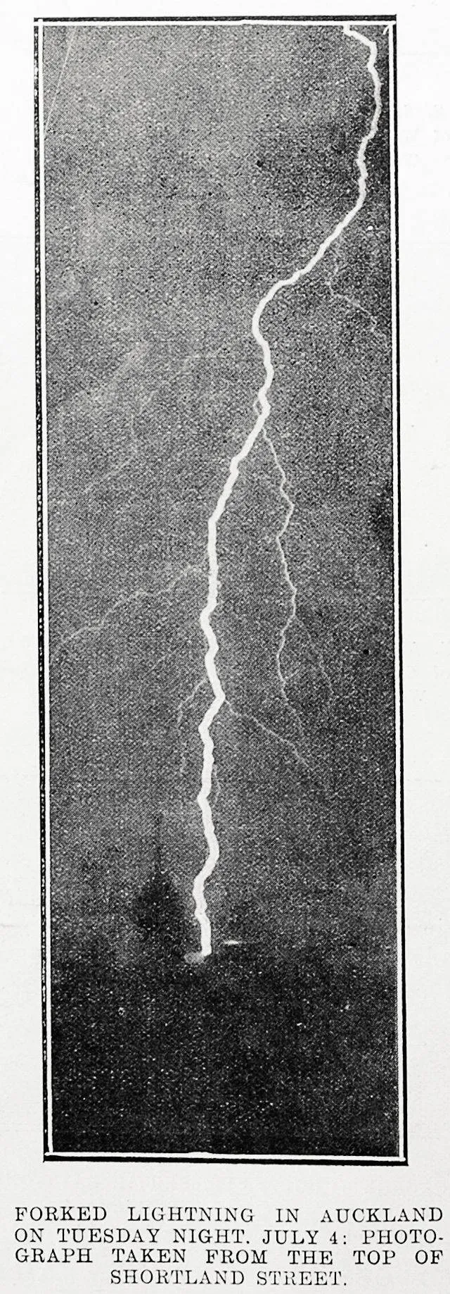 Forked lightning in Auckland on Tuesday night. July 4: photograph taken from the top of Shortland Street