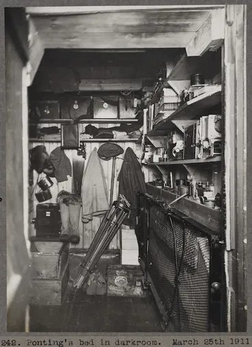 Image: Herbert George Ponting's bed in the dark room of Scott's hut, Antarctica