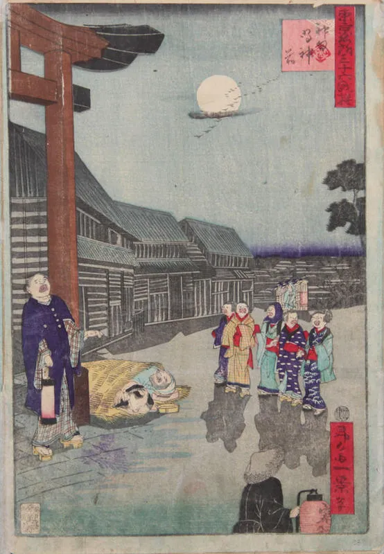 A man and a dog try to sleep on the street while women talk and a crier proclaims