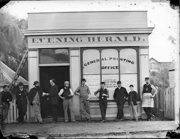 Image: Group outside the Evening Herald office in Campbell Place, Wanganui