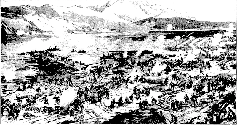 THE FIRST GREAT BATTLE' ON LAND THE PASSAGE OF THE YALU RIVER BY THE JAPANESE.  General Kuroki was not able to make his forward move to the Yalu until the second army was ready to cross into Manchuria. It was, moreover, first necessary to render the Port Arihur fleet useless. Thie victories of April 13,  14, and 15 enabled the main movement to begin. The first 'army corps thereupon began the passage of the Yalu. Hundreds of metal pontoons had been brought up for bridging purposes The Russians contested the passage, their  guns on the heights above the right bank of the river keeping up an incessant firing. Some Japanese gunboats ascended the Yalu and ergaged the enemy while tho bridging went on. The bridge was completed by the end of the  first day, and on the second day the army crossed and advanced against the Russians, who "ware, in the end, after severe ngnting, driven from their position at Kiu-Hen-cheng towards Feng-hwang-cheng.—From the Graphic. (Otago Witness, 27 July 1904)