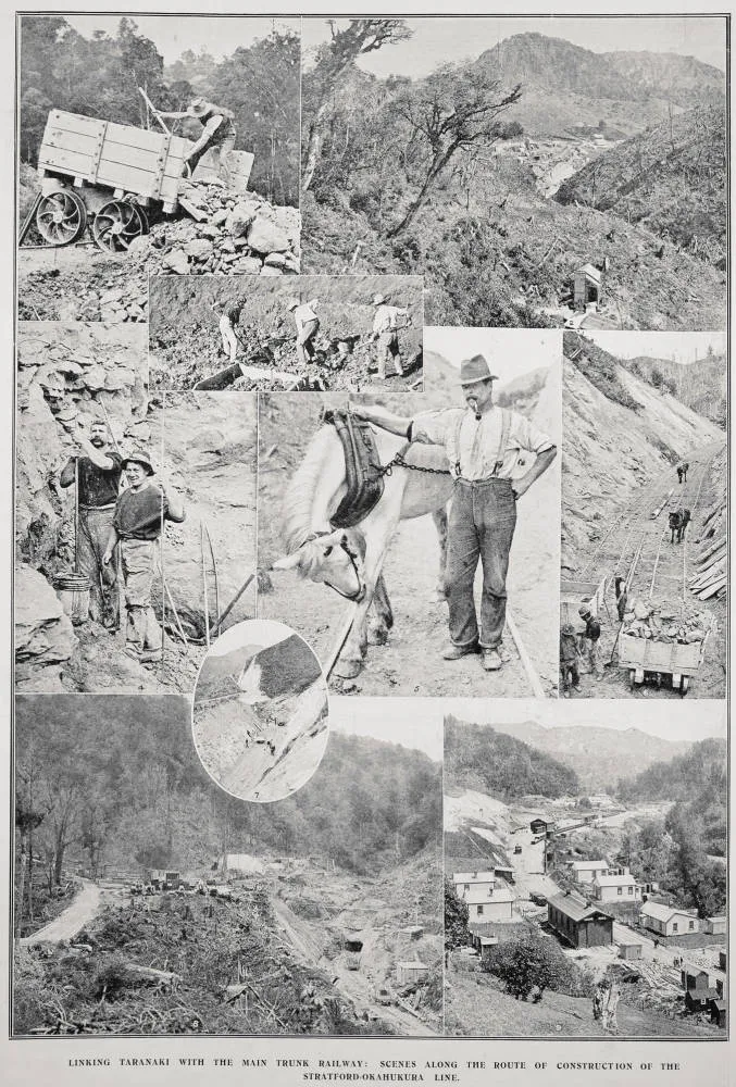 Linking Taranaki with the main trunk railway: scenes along the route of construction of the Stratford-Okahukura line