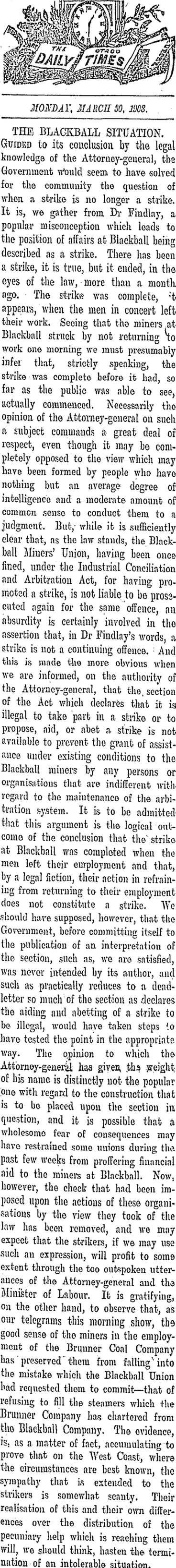 Image: THE OTAGO DAILY TIMES MONDAY, MARCH 30, 1908. THE BLACKBALL SITUATION. (Otago Daily Times 30-3-1908)