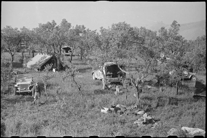 New Zealand Public Relations Service Field Section in new camp after leaving Cassino, Italy, World War II - Photograph taken by George Bull