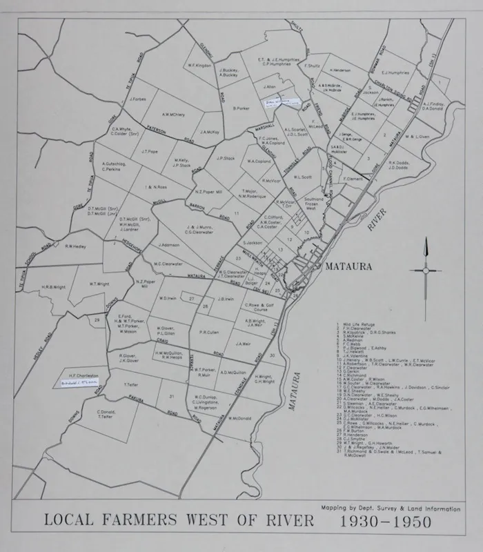 Map of Mataura Farm Locations [Showing Farmers West of the River, 1930-1950]