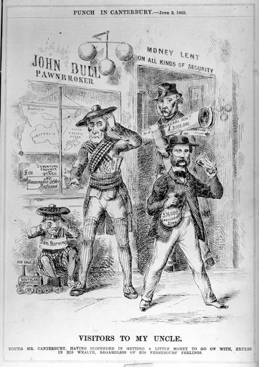 Image: Artist unknown :Visitors to my uncle; young Mr Canterbury, having succeeded in getting a little money to go on with, exults in his wealth, regardless of his neighbours' feelings. Punch in Canterbury, June 3, 1865.