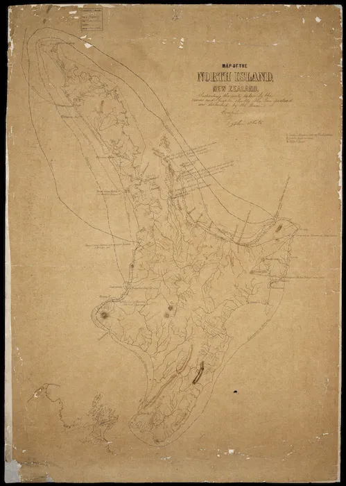 White, John, 1826-1881: Map of the North Island, New Zealand [ms map]. Indicating the route taken by the canoes and people shortly after New Zealand was discovered by the Maori. Compiled by John White.
