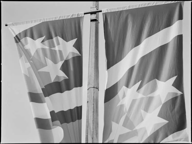 XIV Commonwealth Games flags, Blockhouse Bay Road, 1989