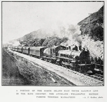 A portion of the North Island main trunk railway line in the King Country: the Auckland - Wellington Express passing through Mangapeehi Image: A portion of the North Island main trunk railway line in the King Country: the Auckland - Wellington Express passing through Mangapeehi