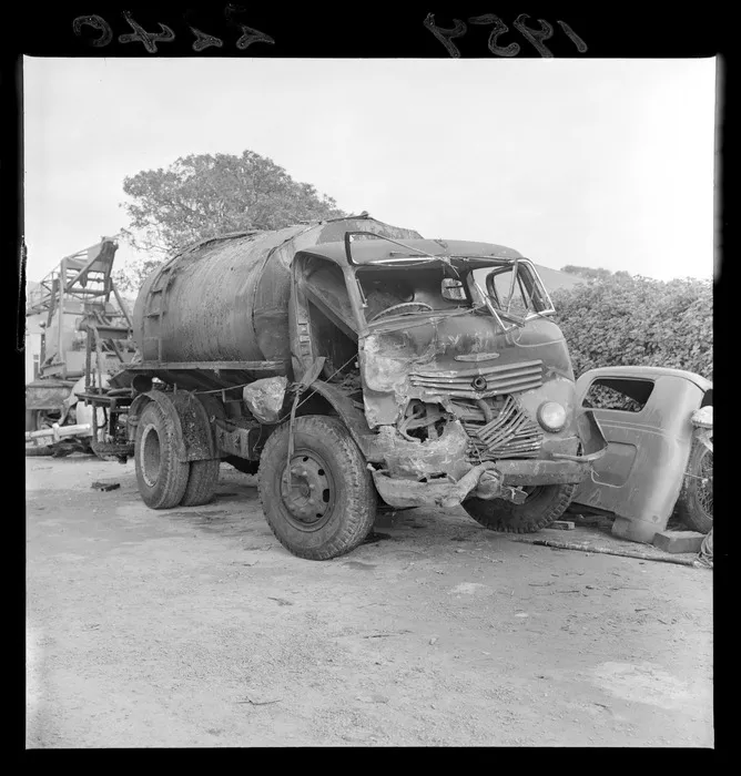 A crashed tanker after an accident at Plimmerton, Porirua City