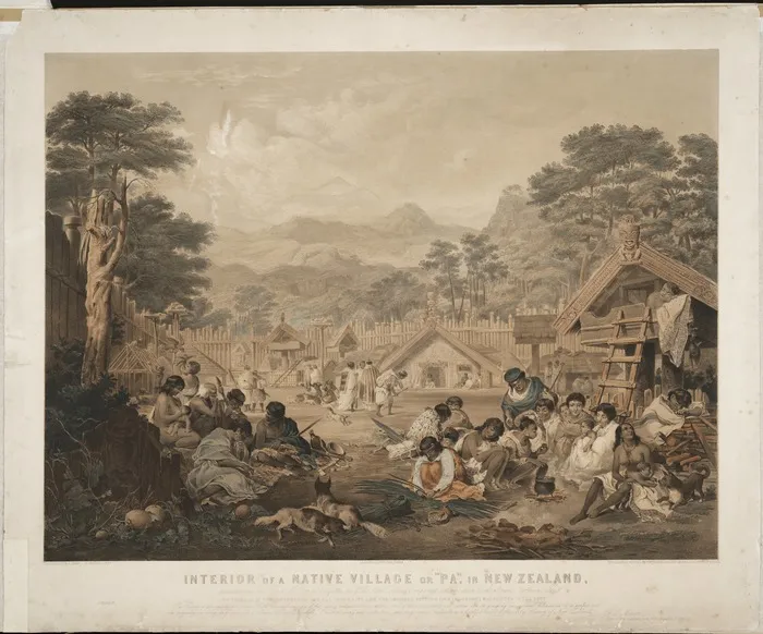 Gilfillan, John Alexander 1793-1864 :Interior of a native village or "pa" in New Zealand, situated near the Town of Petre, at Wanganui... J.A. Gilfillan, pinxt., E. Walker, lithr. [London] Day & Son [1850]
