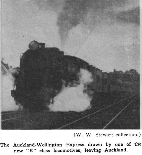 (W. W. Stewart collection.) — The Auckland-Wellington Express drawn by one of the new “K” class locomotives, leaving Auckland