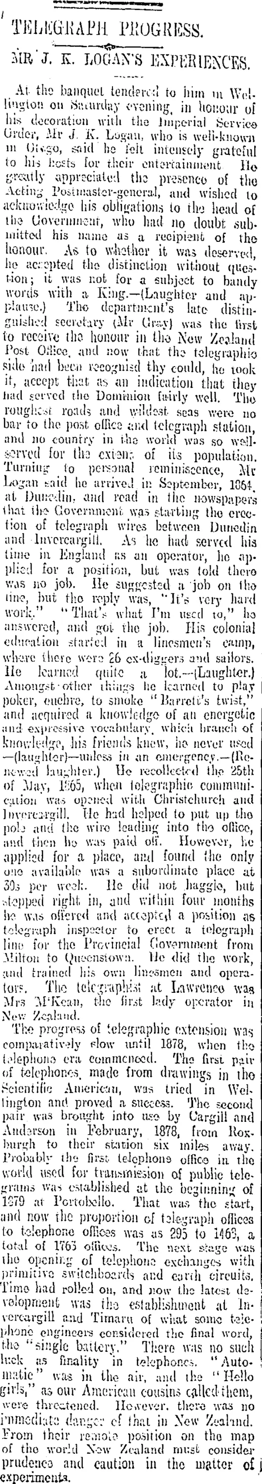 TELEGRAPH PROGRESS. (Otago Daily Times 22-7-1909)