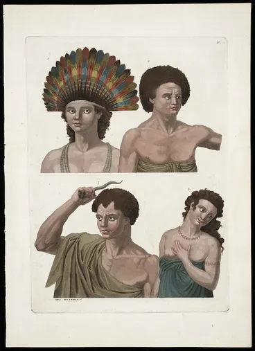 Image: Various artists :[Poulaho, King of the Friendly Islands; Otago chief of Amsterdam Island; and two other portraits. 1773-1777. Plate] 79.
