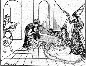 Image: They might have stepped from a fairy-tale—the"Prince, his Princess, and the ladies-in-waiting. This is the promised painting for all pixies ivho are not yet twelve years old. When you Iwve painted it, mount it on cardboard, write your natfie, age and address after your pen-name on the back; and send it to me before next Wednesday.—FAlßlEL. ' '' . (Evening Post, 01 August 1931)