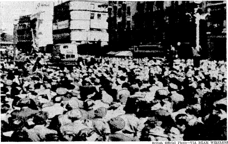 Piccadilly Circus, a meeting-place on all occasions of national rejoicing, was quickly crowded when the first news of the Japanese surrender reached London. (Evening Post, 16 August 1945)
