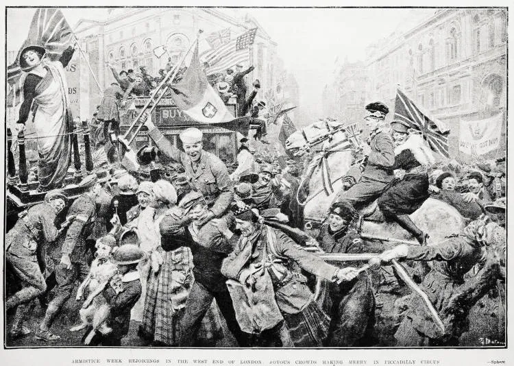 Armistice week rejoicings in the West End of London: joyous crowds making in Piccadilly Circus